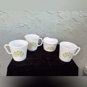 PYREX Vtg Summer Impressions Honeydew Melon Creamer/Sugar Bowl/Mugs Set